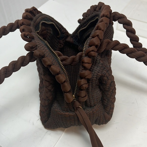 Silk Nylon Tight Knit Semi Structured Zip Around Small Handbag - Picture 9 of 10